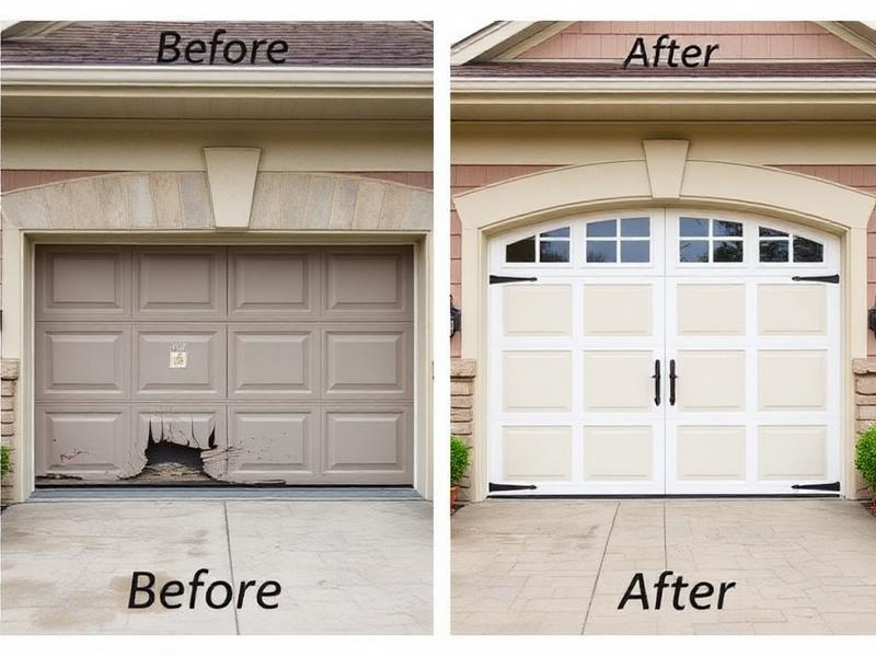 Before and after garage door replacement showing dramatic home improvement