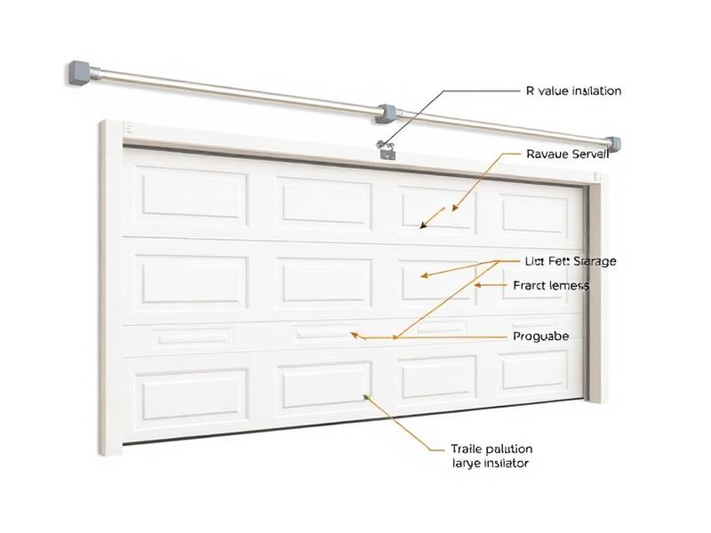 Diagram showing garage door insulation layers and R-value explanation