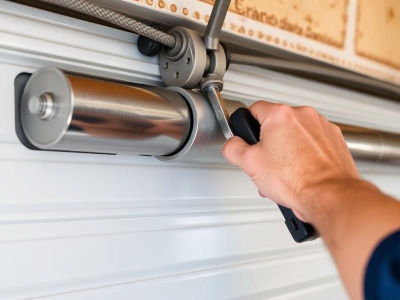 Close-up of garage door roller replacement showing new steel rollers being installed