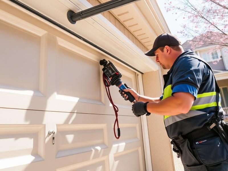 Technician performing spring garage door maintenance and lubrication