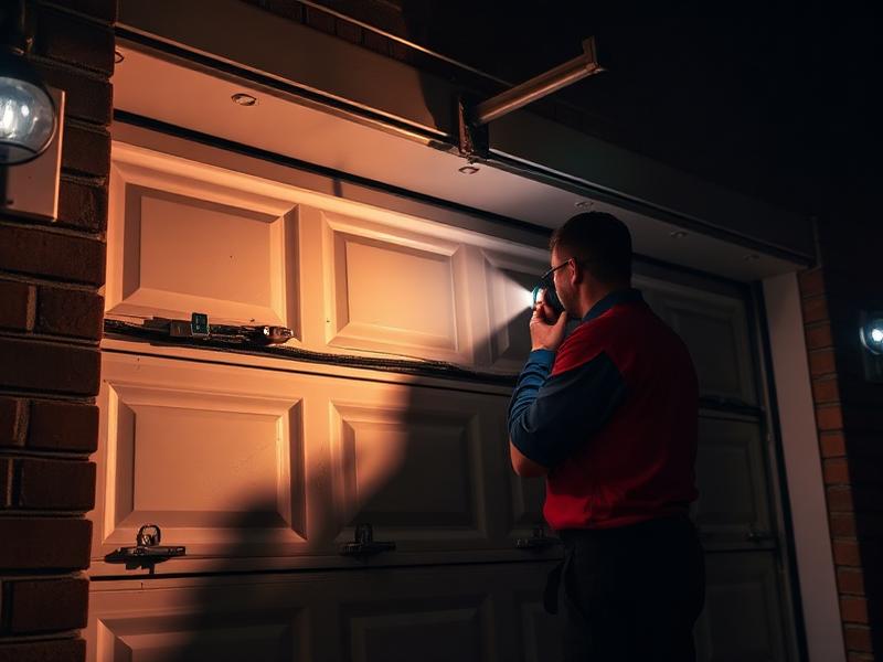 Emergency garage door repair service at night with technician using flashlight