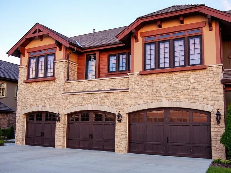 Craftsman style garage doors with arched windows on luxury home