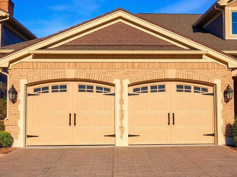 Carriage house style garage doors with decorative hardware