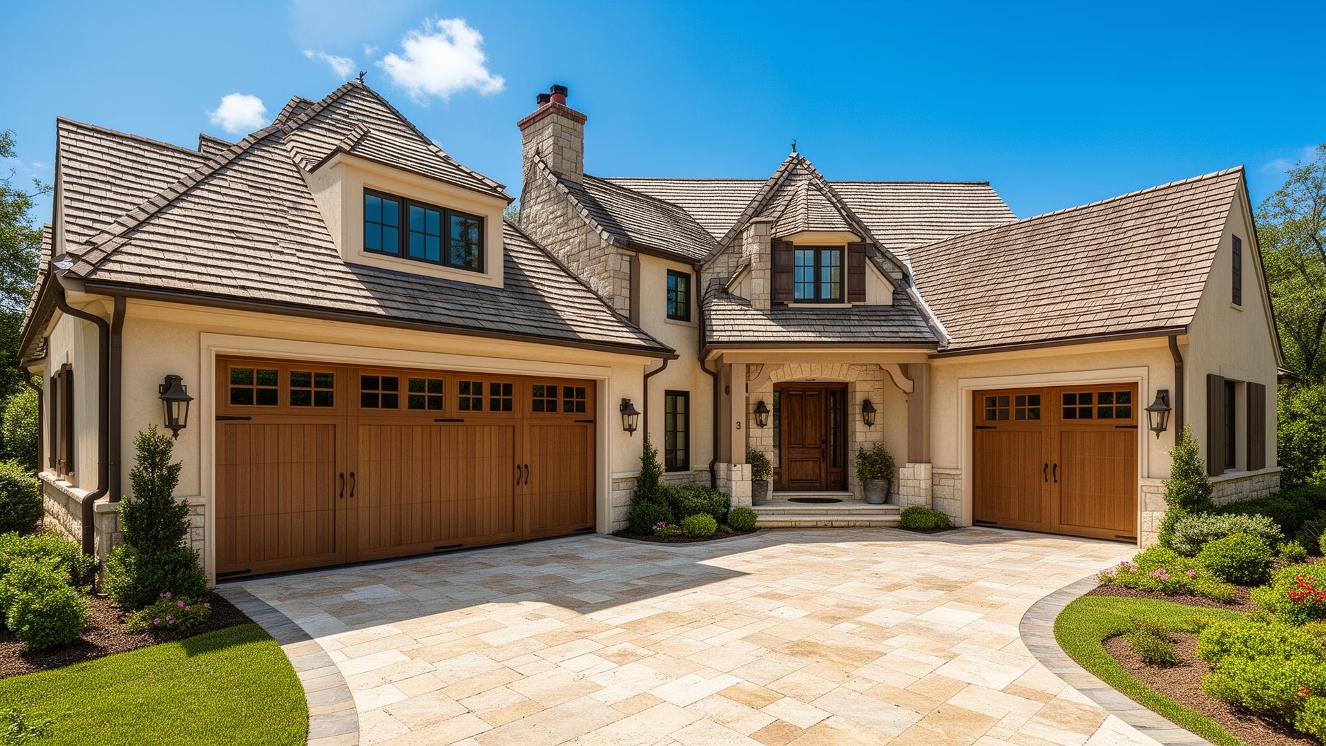 French country estate with craftsman style garage doors and blue sky