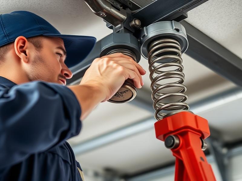 Technician replacing garage door torsion spring with professional tools
