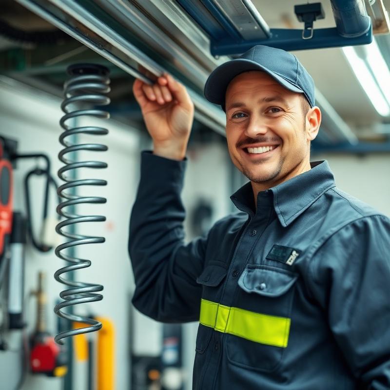 Friendly Sharon Garage Doors technician inspecting garage door springs